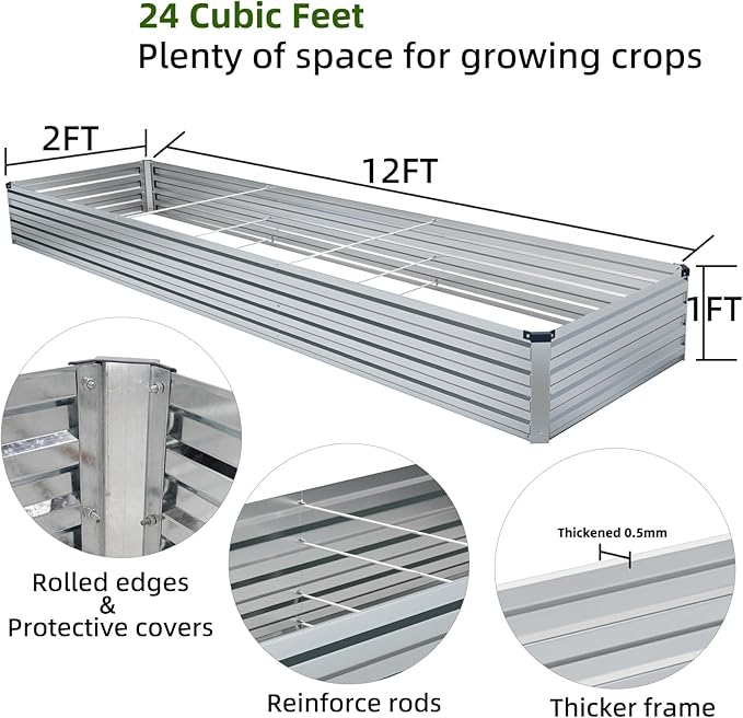 12x2x1FT Galvanized Raised Garden Beds Kit Large Outdoor Metal Gardening Planter Box for Vegetable Elevated Flower Herbs, Silver-BloomoryGarden
