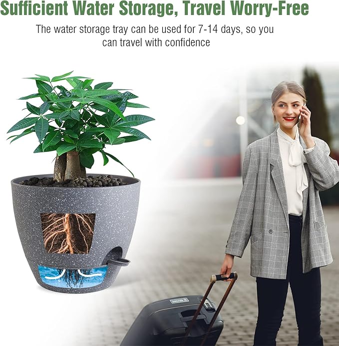 12 inch Large Self Watering Pots, Plastic Planters with 60oZ Removable Deep Reservoir and Multi Mesh Drainage Holes for Indoor Outdoor Garden Plants and Flowers, Grey Speckles-BloomoryGarden