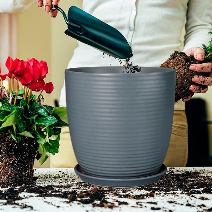 12 Inch Pots for Plants Ceramic Planter Pot Large Flower Pot with Drainage Hole and Saucer for Home Patio Garden Office Indoor Outdoor Gray-BloomoryGarden