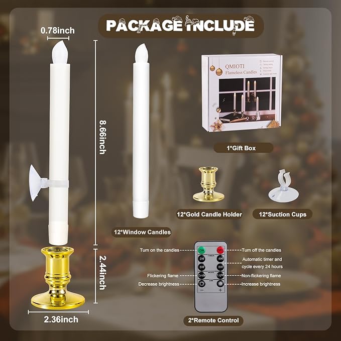 12 Pack Christmas Window Candles, Battery Operated Window Candles with Timer Remote, Candle Holder Suction Cup for Christmas Decorations, Gold-BloomoryGarden