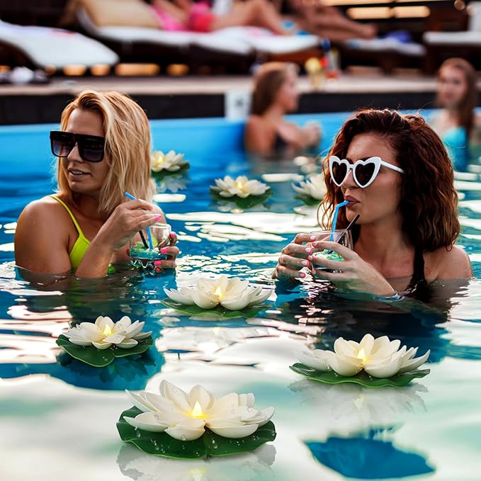 12 PCS Diwali Waterproof Floating Lotus Light - Floating Flower Light Battery Operated Water Activated Warm White Pool Flower Lamp Wedding,Anniversary,Garden Decoration(6Inch & 5Inch)-BloomoryGarden