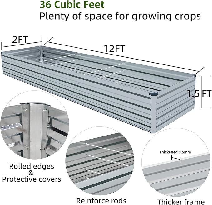 12x2x1.5FT Galvanized Raised Garden Beds Kit Large Outdoor Metal Gardening Planter Box for Vegetable Elevated Flower Herbs, Silver-BloomoryGarden