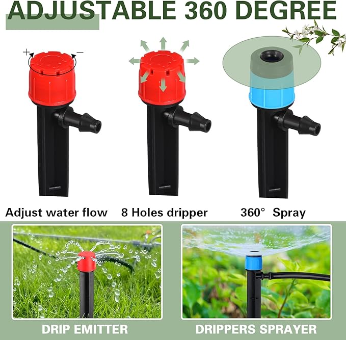 120 Pcs Drip Irrigation Emitters for 1/4'' Drip Irrigation Tubing 60 Irrigation Emitters Sprayer 60 Adjustable 360 Degree Water Flow Drippers for Patio Lawn Garden Watering-BloomoryGarden