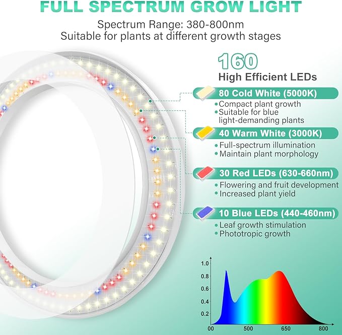 LORDEM 10" Grow Light for Indoor Plants, Full Spectrum Plant Lamp with160 LEDs, 4H/8H/12H Timer, 10 Dimmable Levels, 3 Spectrum Modes, Height Adjustable 61", Ideal for Large Tall Plants, Pack of 2-BloomoryGarden