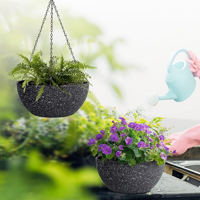 13 inch Large Hanging Planters Plant Pots for Outdoor Indoor Plants with Drainage Holes and Chain, 2 Pack Round Hanging Flower Pots for Garden Home Porch Decor, Speckled Black-BloomoryGarden