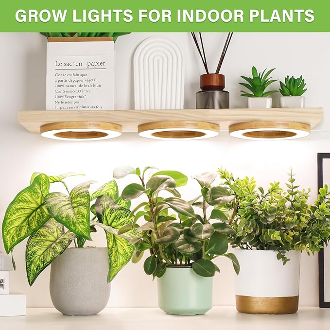 LORDEM 6.3" Bamboo Ceiling Grow Lamp for Indoor Plants, 216 LEDs Full Spectrum Halo Plant Light, Under Cabinet Grow Lights with 4/8/12H Auto Timer Switch Modes, 4 Dimmable Brightness Levels, Tri Head-BloomoryGarden