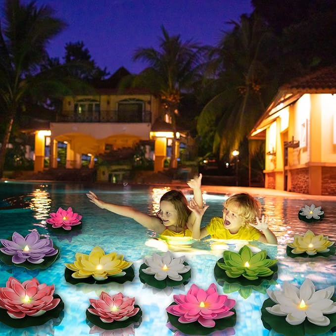 12 PCS Waterproof Floating Lotus Light - Diwali 5 Inch Floating Flower Light Battery Operated Water Activated Warm White Light Pool Flower Lamp Wedding,Anniversary,Garden Decoration(Mix-Color)-BloomoryGarden