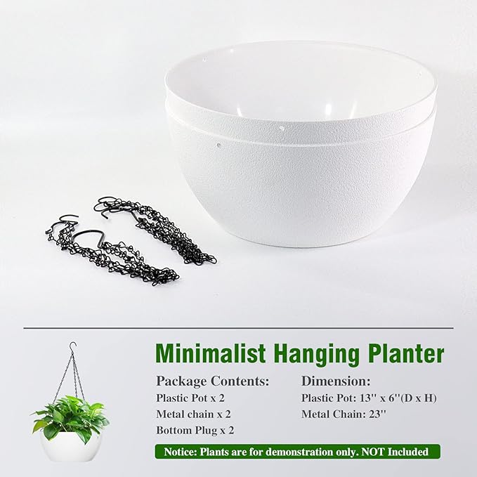 13 inch Large Hanging Planters Plant Pots for Outdoor Indoor Plants with Drainage Holes and Chain, 2 Pack Round Hanging Flower Pots for Garden Home Porch Decor, White-BloomoryGarden