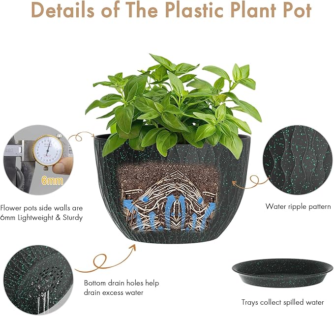 12 Inch Wide Water Ripples Flower Pots for Indoor or Outdoor Plants, Large Plant Pots with Drainage Holes & Saucer, Plastic Planters Set for Garden & Home Decor (Black with Green Speckles)-BloomoryGarden