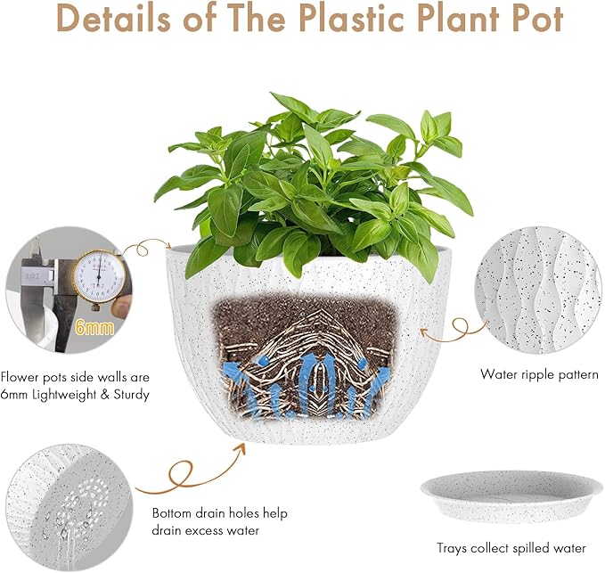 12 Inch Wide Water Ripples Flower Pots for Indoor or Outdoor Plants, Large Plant Pots with Drainage Holes & Saucer, Plastic Planters Set for Garden & Home Decor (White with Black Speckles)-BloomoryGarden