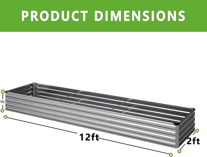 12x2x1FT Galvanized Raised Garden Bed Kit,Vegetable Boxes-Rectangle Metal Flower Box,Large Planter Raised Beds Outdoor Garden for Planting,Fruit,Herb-Sliver-BloomoryGarden