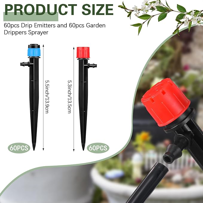120 Pcs Drip Irrigation Emitters for 1/4'' Drip Irrigation Tubing 60 Irrigation Emitters Sprayer 60 Adjustable 360 Degree Water Flow Drippers for Patio Lawn Garden Watering-BloomoryGarden