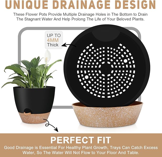 12" 10" 9" Large Self Watering Plant Pots, 3 Pack Flower Pots Planters with Multi Mesh Drainage Holes for Indoor Outdoor Garden Plants and Flowers (Black)-BloomoryGarden