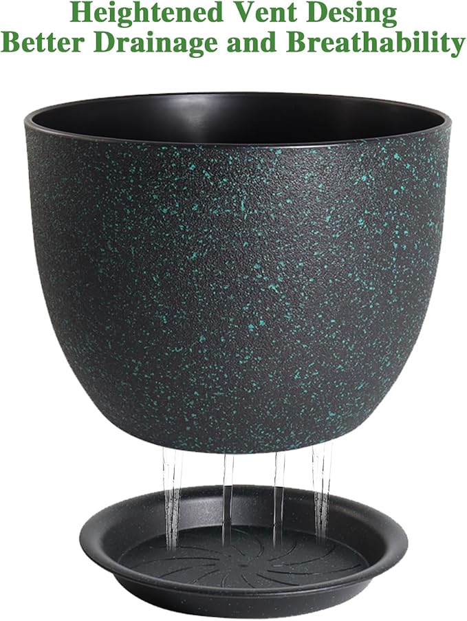 12/10/9 Large Modern Plant Pots, Plastic Planters with Drainage Holes and Saucers for Indoor Outdoor Plants Flowers, Black with Green Speckles-BloomoryGarden