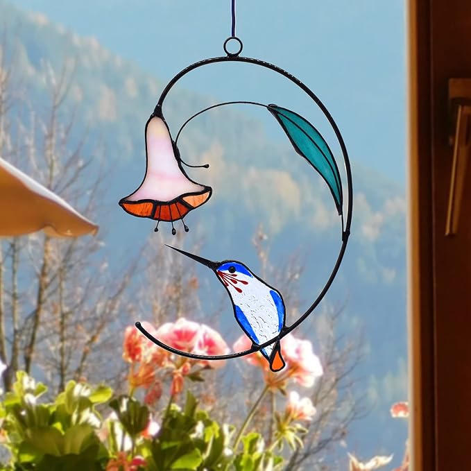 Lolitarcrafts Hummingbird with Flower Stained Glass Suncatcher Bird Stained Glass Window Hangings Hummingbird Gift for Home Decor (Blue)-BloomoryGarden