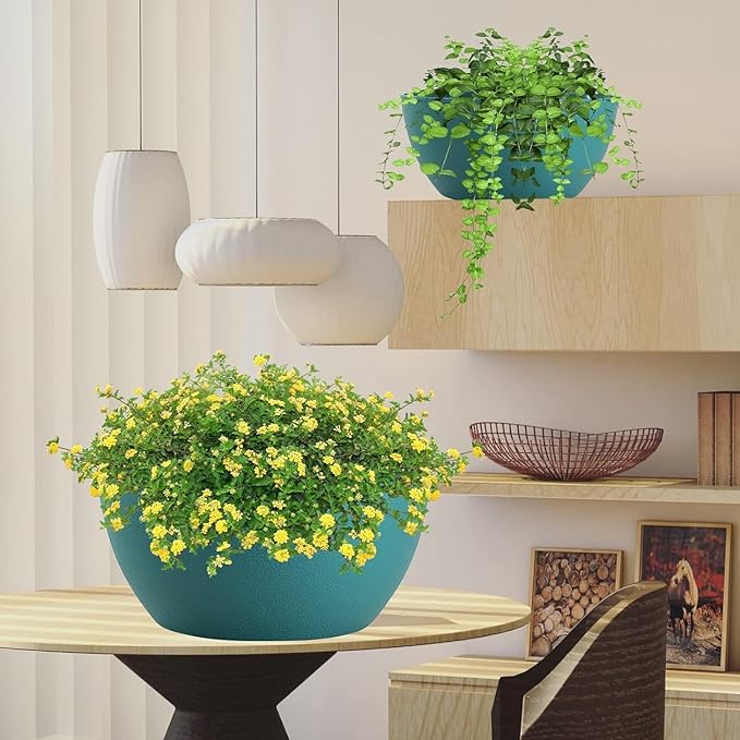 13 inch Large Hanging Planters Plant Pots for Outdoor Indoor Plants with Drainage Holes and Chain, 2 Pack Round Hanging Flower Pots for Garden Home Porch Decor, Blue Green-BloomoryGarden