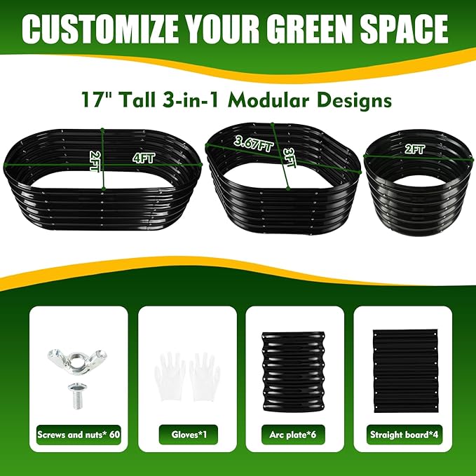 17" Tall Elevated Oval Metal Raised Garden Bed - 4ft x 2ft in Size and 0.8MM Thick Durable Planter Bed/Box for Vegetables Flowers Succulent at Patio/Garden Outdoor (Black, 4X2X1.4 FT)-BloomoryGarden