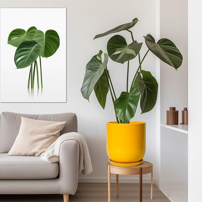 12 Inch Pots for Plants - Ceramic Planter for Outdoor Plants Large Plant Pot Indoor with Drainage Hole Modern Flower Pot for Home Patio Office Decor Yellow-BloomoryGarden
