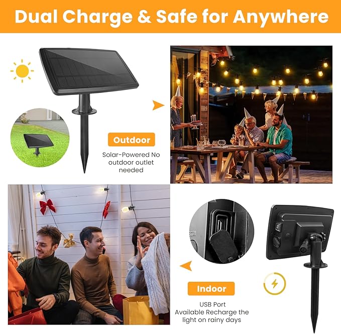 104FT(98+6) Solar String Lights Outdoor Waterproof, Solar Powered Patio Light with 30+2 Dimmable S14 Edison Bulbs Shatterproof & Remote Control, Solar String Lights for Outside Garden Backyard-BloomoryGarden