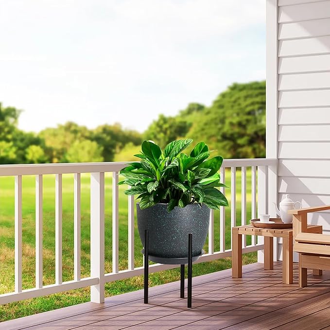 12/10/9 Large Modern Plant Pots, Plastic Planters with Drainage Holes and Saucers for Indoor Outdoor Plants Flowers, Black with Green Speckles-BloomoryGarden