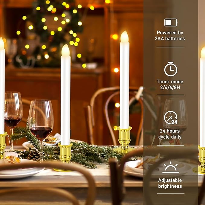 12 Pack Christmas Window Candles, Battery Operated Window Candles with Timer Remote, Candle Holder Suction Cup for Christmas Decorations, Gold-BloomoryGarden