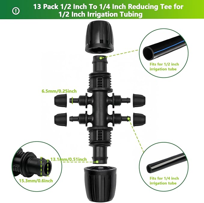 13 Pcs Drip Irrigation Fittings for 1/2 Inch Tubing (1/2" ID x 0.65" OD) to 1/4 Inch Irrigation Tubing, Locked Barbed 1/2" to 1/4" Reducing Tee Connector Drip Line Parts-BloomoryGarden