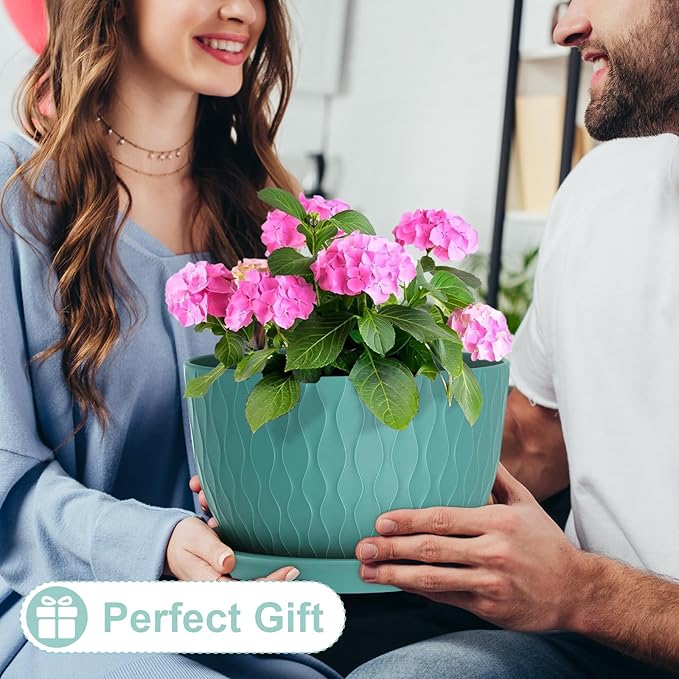 12 Inch Large Plant Pots for Indoor or Outdoor Plants, Wide Water Ripples Flower Pots with Drainage Holes & Saucer, Plastic Planters Set for Garden & Home Decor (Blue Green)-BloomoryGarden
