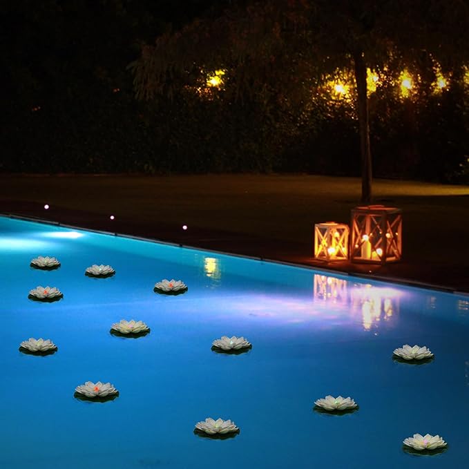 12 PCS Floating Lotus Lights - Artificial LED Lotus Waterproof Battery Operated Water Activated Color Changing Fake Lily Pad Lights for Pool Pond Lantern Garden Outdoor Decor-BloomoryGarden