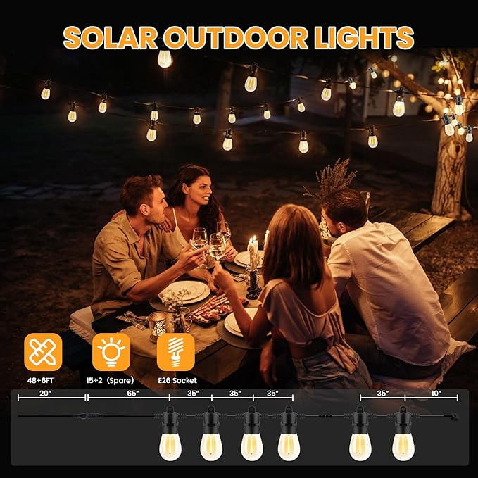 104FT(98+6) Solar String Lights Outdoor Waterproof, Solar Powered Patio Light with 30+2 Dimmable S14 Edison Bulbs Shatterproof & Remote Control, Solar String Lights for Outside Garden Backyard-BloomoryGarden