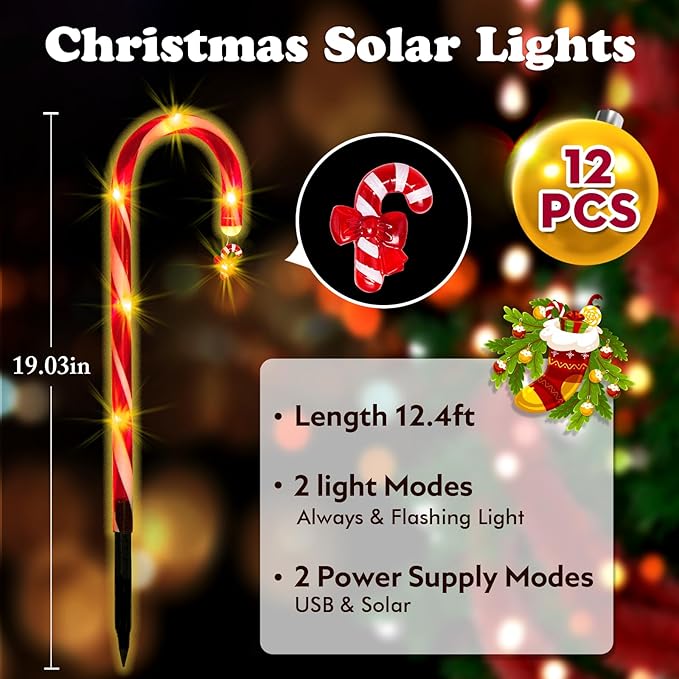 12 Pack Christmas Candy Cane Lights Outdoor Solar Pathway Lights Christmas Decorations Waterproof Driveway Walkway Markers Yard Garden Home Xmas Decor, 2-in-1 Rechargeable Solar Power-BloomoryGarden