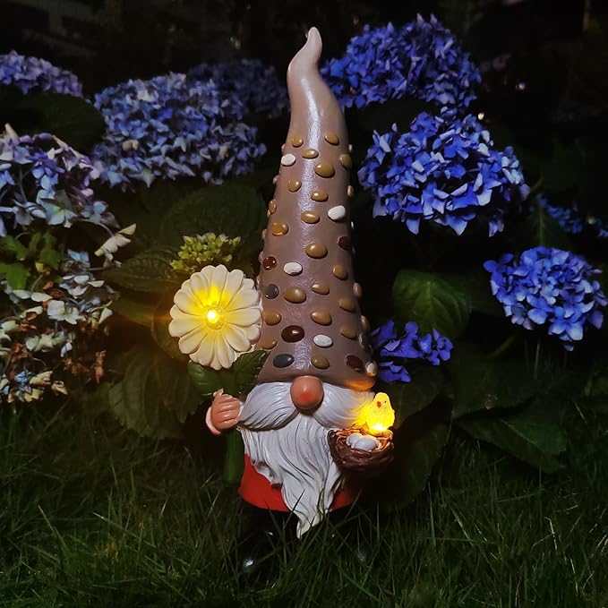 12 Inch Solar Garden Gnome Statue Clearance with Sunflower and Bird's Nest Light – Outdoor High Hat Gnome Sculpture Outdoor Statue for Patio and Garden Decor – Figurine Gift for Gnome Lovers-BloomoryGarden