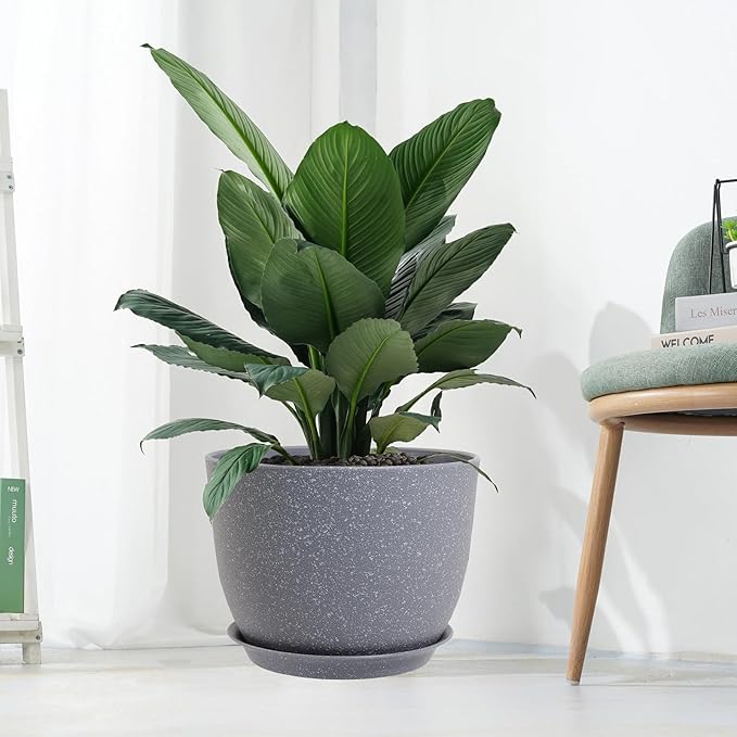 12/10/9 Large Modern Plant Pots, Plastic Planters with Drainage Holes and Saucers for Indoor Outdoor Plants Flowers, Grey Speckles-BloomoryGarden