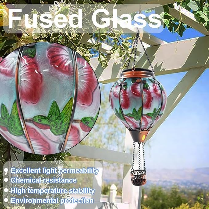 Hot Air Balloon Solar Lantern with Flickering Flame Hanging Solar Lanterns Outdoor Lights Waterproof Lanterns Decorative Garden Patio Yard Party Decor Hummingbirds&Red Flowers