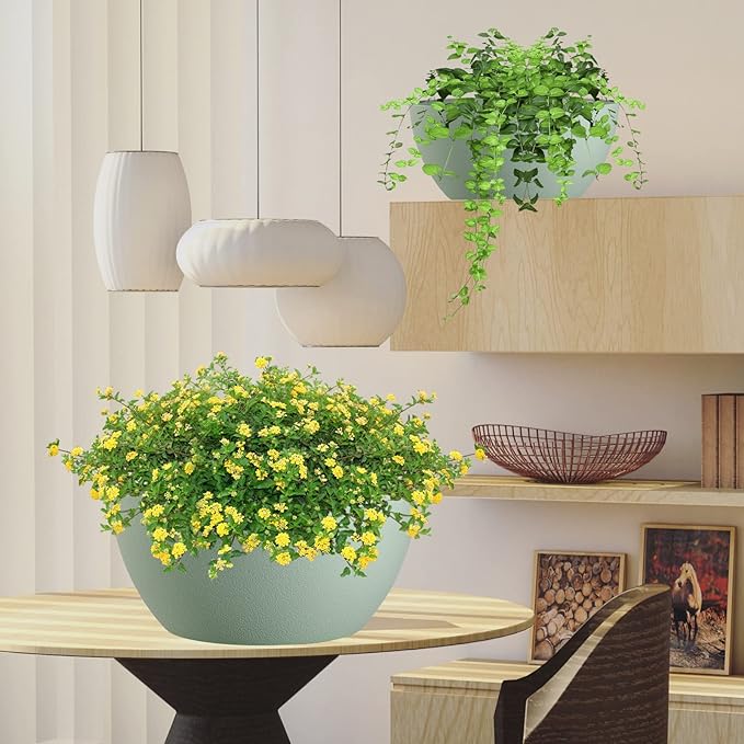 13 inch Large Hanging Planters Plant Pots for Outdoor Indoor Plants with Drainage Holes and Chain, 2 Pack Round Hanging Flower Pots for Garden Home Porch Decor, Green-BloomoryGarden