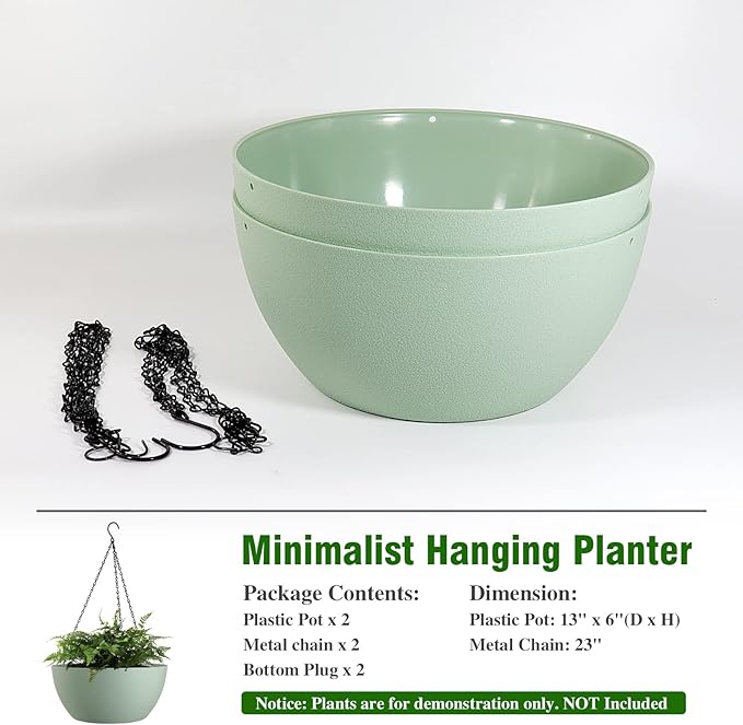 13 inch Large Hanging Planters Plant Pots for Outdoor Indoor Plants with Drainage Holes and Chain, 2 Pack Round Hanging Flower Pots for Garden Home Porch Decor, Green-BloomoryGarden