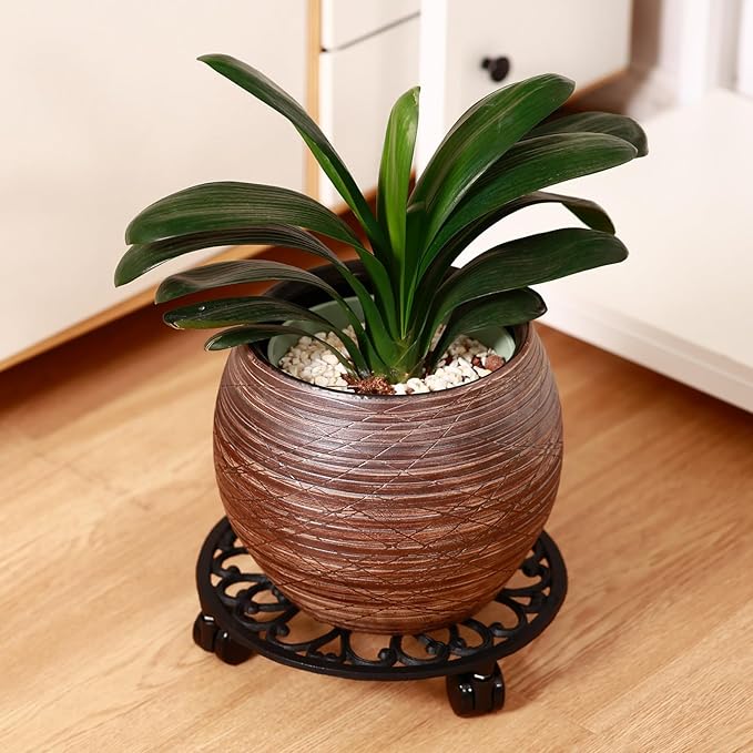 11 Inch Rolling Plant Stand with Wheels Wrought Iron Rolling Plant Stand with Casters Heavy Duty for Indoor Plants Rollers with Plant Saucers, Metal Round Plant Dolly 1 Pack-BloomoryGarden