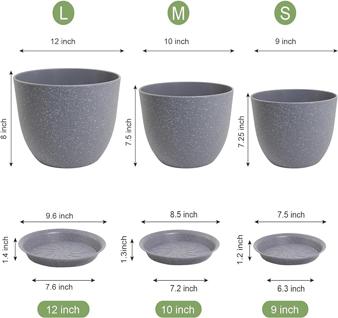 12/10/9 Large Modern Plant Pots, Plastic Planters with Drainage Holes and Saucers for Indoor Outdoor Plants Flowers, Grey Speckles-BloomoryGarden