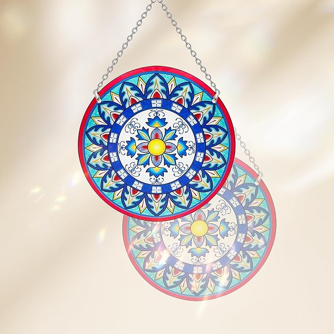 Mandala Suncatcher Stained Glass - Handmade Gifts for Women, Suncatchers for Windows - Window Hangings with Chain and Hook, 6 inch Stained Glass Suncatcher for Mom-BloomoryGarden