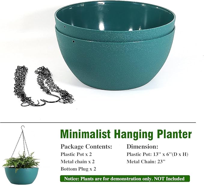 13 inch Large Hanging Planters Plant Pots for Outdoor Indoor Plants with Drainage Holes and Chain, 2 Pack Round Hanging Flower Pots for Garden Home Porch Decor, Blue Green-BloomoryGarden