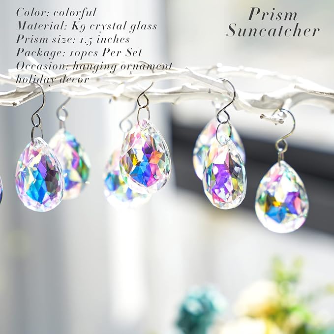 10pcs 38mm Suncatcher Crystal Teardrops Chandelier Parts,Chandelier Crystal Prisms Pendants with Hook,Hanging Crystals for Lamp Window Christmas Tree Decoration(AB Colors)-BloomoryGarden