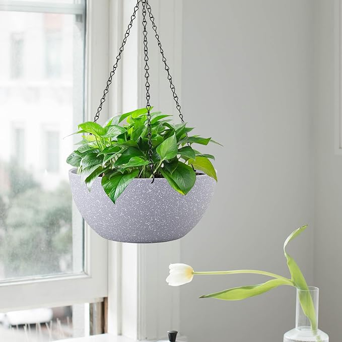 13 inch Large Hanging Planters Plant Pots for Outdoor Indoor Plants with Drainage Holes and Chain, 2 Pack Round Hanging Flower Pots for Garden Home Porch Decor, Speckled Grey-BloomoryGarden