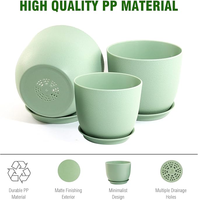 12/10/9 Large Modern Plant Pots, Plastic Planters with Drainage Holes and Saucers for Indoor Outdoor Plants Flowers, Green-BloomoryGarden