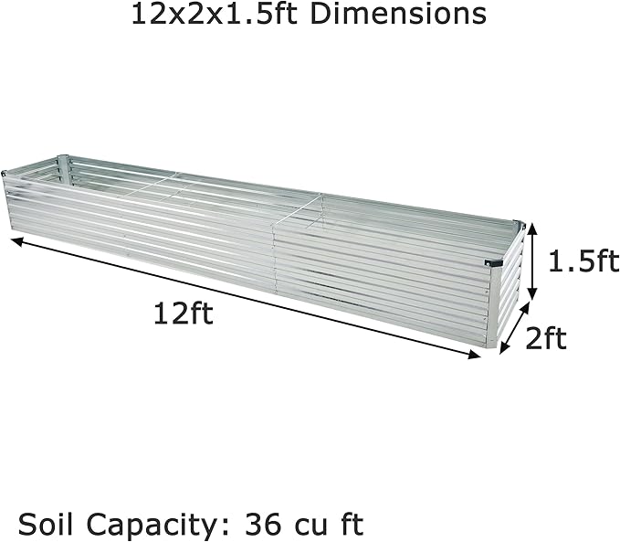 12x2x1.5ft Galvanized Raised Garden Bed,Outdoor Planter Box Metal Patio Kit Planting Bed for Vegetables Flowers Herb,Silver-BloomoryGarden