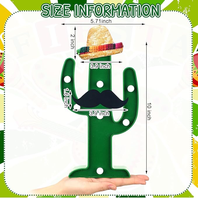 12 Pcs Cinco de Mayo LED Cactus Light with Mini Sombrero Straw Hats and Fake Beard Cinco De Mayo Table Decor Mexican Party Supplies for Table Room Bedroom Party Decoration (4.72 x 2.76 Inch)-BloomoryGarden