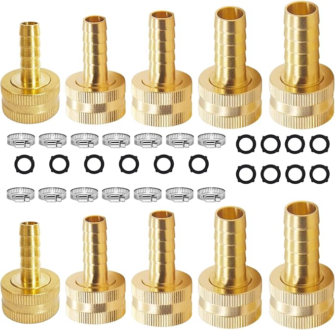 1/4" Barb, 3/8" Barb, 1/2" Barb, 5/8" Barb, 3/4" Barb x 3/4 Female GHT Thread(2 pcs of each)Solid Brass Water Hose End Repair Connector, Includes 14 Stainless Steel Clamps and 14 gaskets