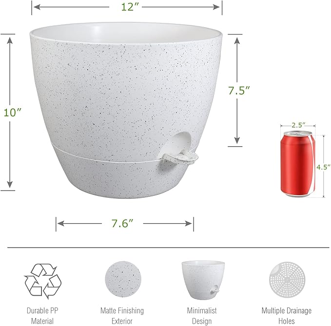 12 inch Large Self Watering Pots, Plastic Planters with 60oZ Removable Deep Reservoir and Multi Mesh Drainage Holes for Indoor Outdoor Garden Plants and Flowers, White Speckles-BloomoryGarden