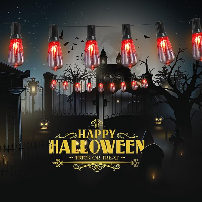10FT Halloween String Lights Outdoor with 11 ST40 Flame Bulbs (1 Spare), Plug in Halloween Flaming Blood Drop Light Strings UL Listed for Patio, Backyard, Halloween, Party Decoration, E17 Base-BloomoryGarden