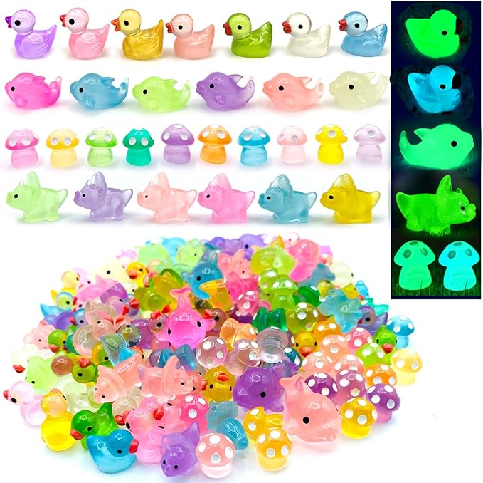 148Pcs Luminous Mini Resin Animals, Tiny Ducks Glow in The Dark Dolphins Dinosaurs Mushrooms 4 Combination Resin Set, Miniature Figures for Garden Decoration Aquarium Home Party Decor-BloomoryGarden