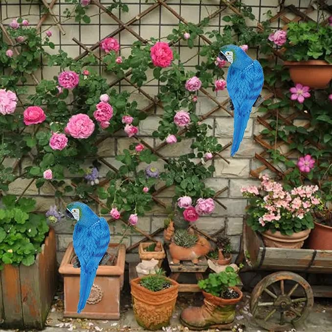 12inch Blue Parrot Tiki Bar Statue for Pool Decorations, Outdoor Parrot Deck Decor, Resin Plastic Parrot Sculpture for Porch, Life Size Tropical Birds for Yard, Tree Faces Animals(Blue)-BloomoryGarden