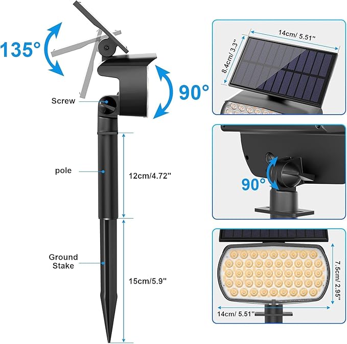 108 LED Solar Spot Lights Outdoor, IP65 Waterproof, 3 Modes Landscape Spotlights, Large Solar Panel Powered Lights for Garden Yard Pathway (Warm White/2 Pack)-BloomoryGarden